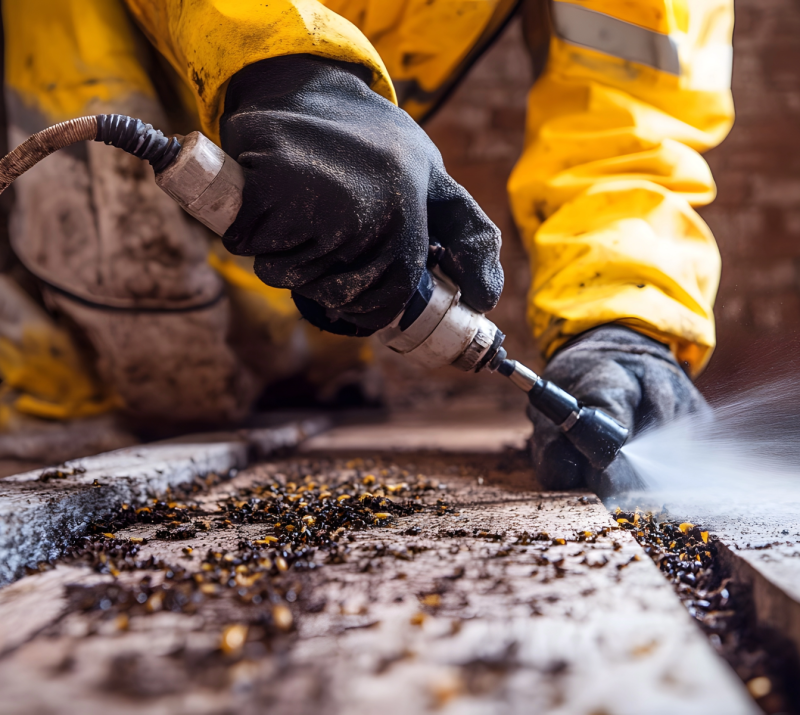 Ein Mann in gelber Schutzmontur sprüht Schädlingsbekämpfungsmittel zwischen Holzbalken