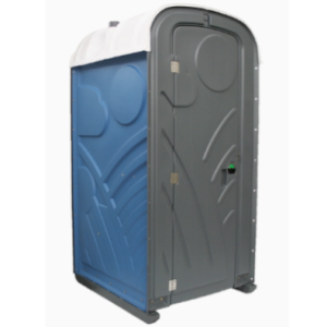 Mobiles Toilettenhäuschen mit grauer Tür und blauem Innenraum, Außenansicht seitlich